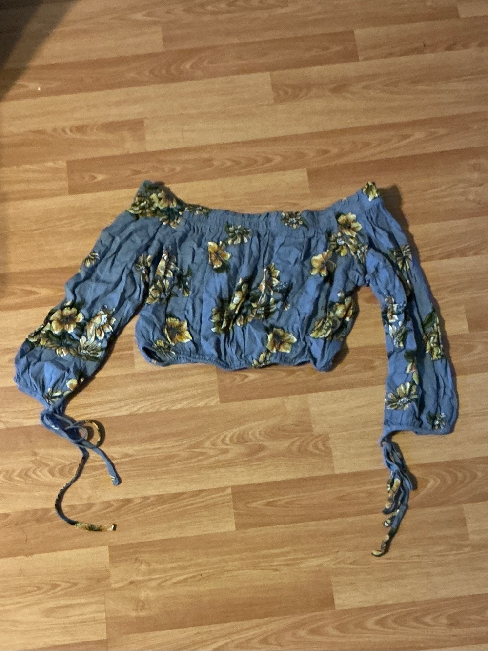 Anna Grace Blue Off-Shoulder Floral Crop Top with Yellow Flowers